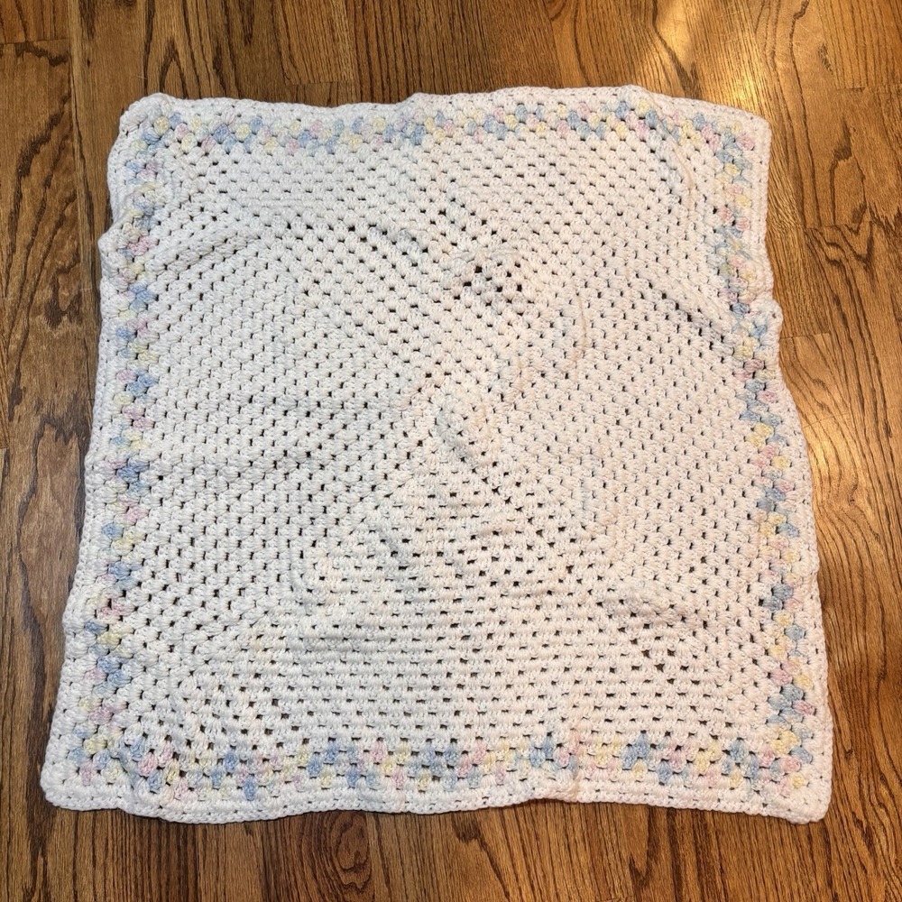 Vintage Handmade Crochet Baby Afghan Blanket 32x32 Pastel Trim White
